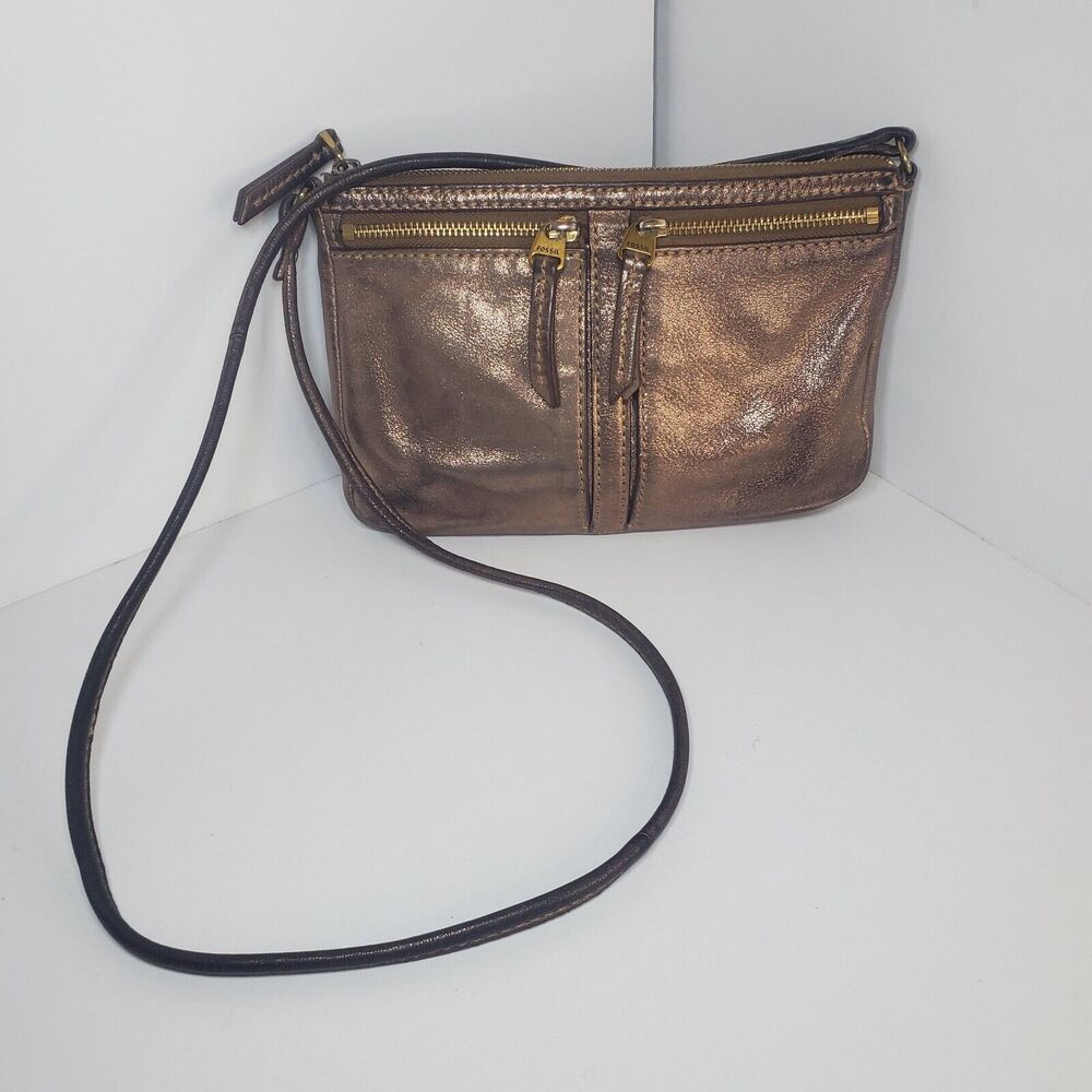 Vtg Fossil Brown Leather Glitter Small Crossbody Purse